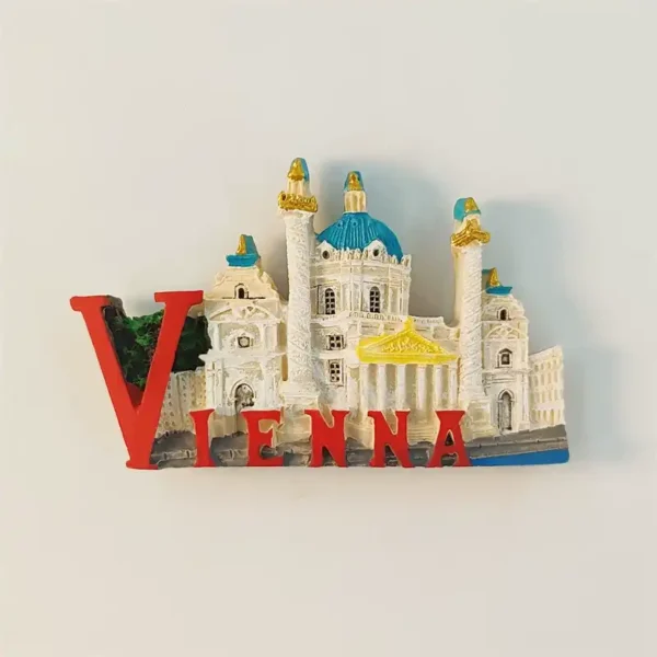 Austria Vienna Karlskirche fridge magnet front view with hand-painted turquoise dome, twin spiral columns and red Vienna 3D letters