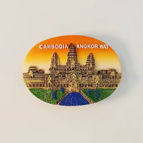 Hand-painted Cambodia Angkor Wat fridge magnet front view with sunset sky and temple silhouette