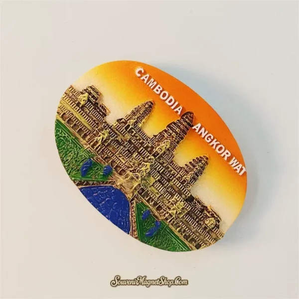 Right angled view of Cambodia Angkor Wat souvenir magnet showing 3D carved temple towers