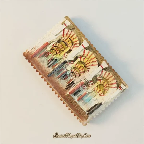 Angled Cordoba Mezquita souvenir magnet showing red and white striped arches in 3D