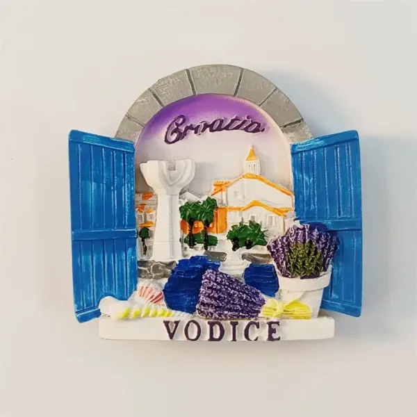 Croatia Vodice fridge magnet front view with arched window blue shutters lavender bouquets and white church village scene