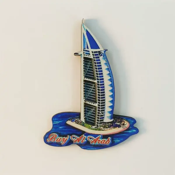 Dubai Burj Al Arab wooden fridge magnet front view with printed sail hotel