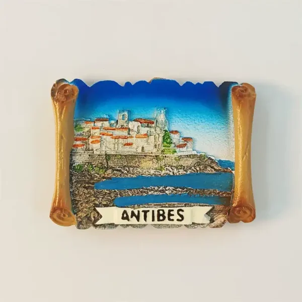Hand-painted France Antibes old town scroll fridge magnet front view with cathedral and blue bay