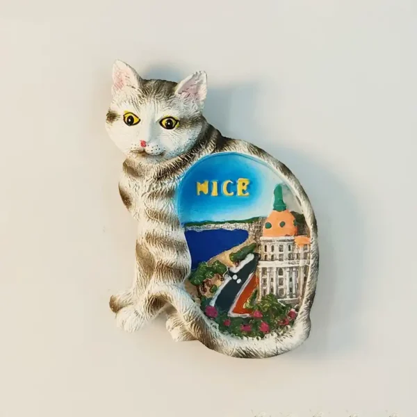 France Provence Nice cat-shaped fridge magnet front view with Hotel Negresco, blue Mediterranean and NICE lettering inside the cat body