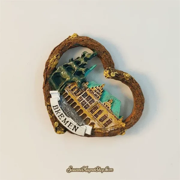 Angled Bremen souvenir magnet showing 3D hand-painted Town Musicians, Rathaus arcade and rustic bark heart frame
