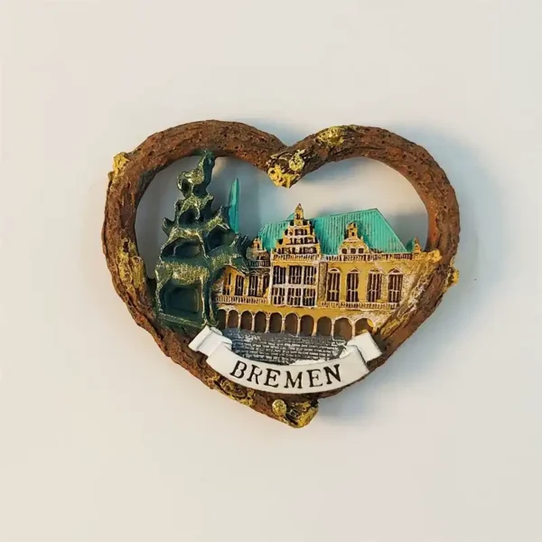 Germany Bremen heart-shaped fridge magnet front view with Town Musicians statue, Rathaus building and BREMEN banner scroll