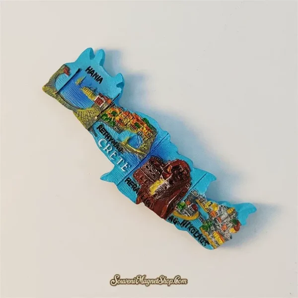 Angled view of Crete map souvenir fridge magnet showing Hania and Rethymno scenes
