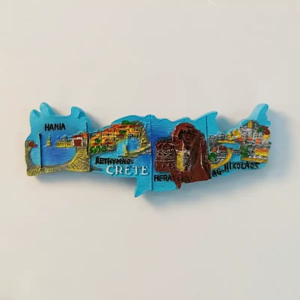 Front view of Greece Crete island map fridge magnet with city scenes and labels