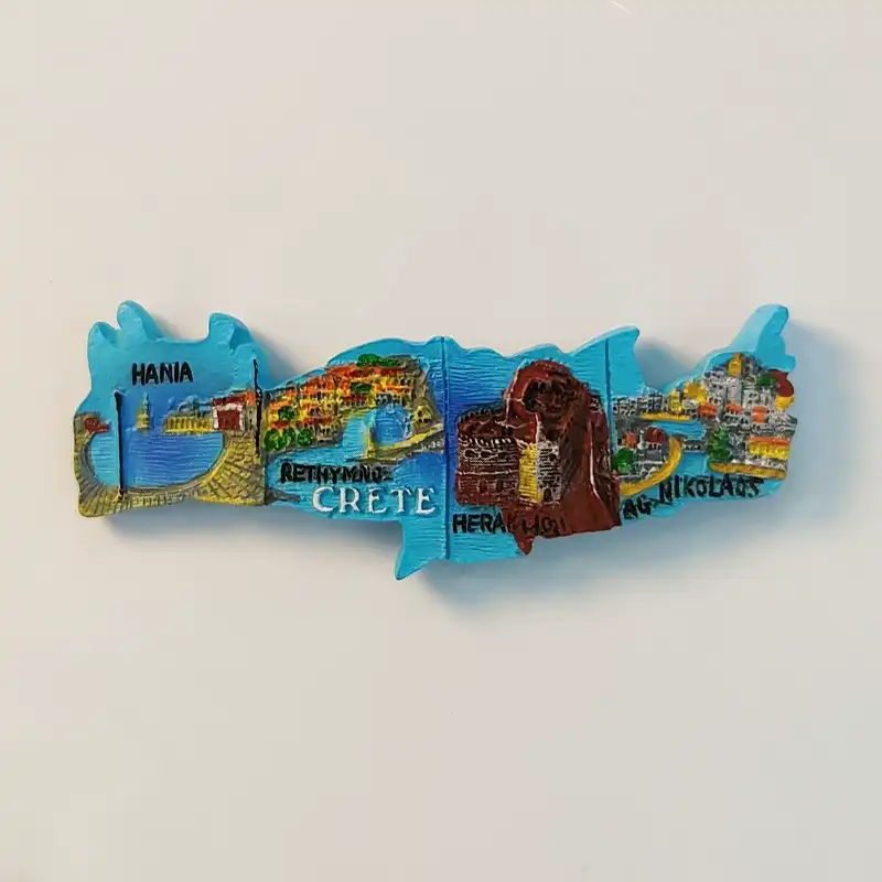 greece-crete-island-map-cities-fridge-magnet-front Front view of Greece Crete island map fridge magnet with city scenes and labels