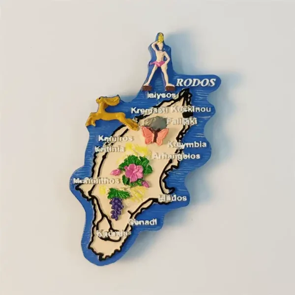 Front view of Greece Rhodes Island map fridge magnet with Colossus, hibiscus and Aegean blue border