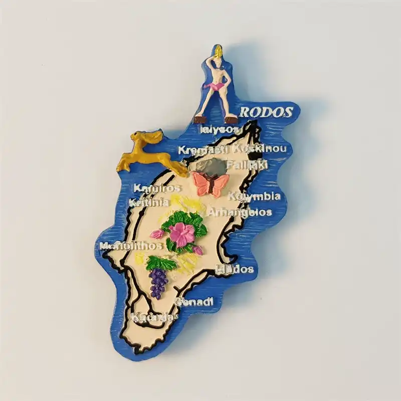 greece-rhodes-island-map-fridge-magnet-front Front view of Greece Rhodes Island map fridge magnet with Colossus, hibiscus and Aegean blue border