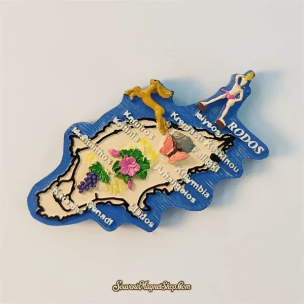 Angled view of Rhodes Island souvenir magnet showing 3D relief towns and Aegean coastline