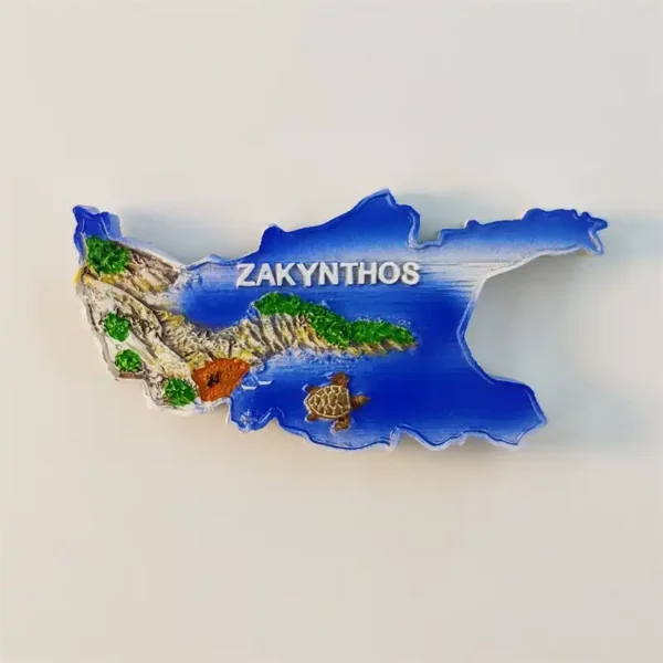 Greece Zakynthos island map fridge magnet front view with hand-painted Shipwreck Beach cliffs and caretta sea turtle