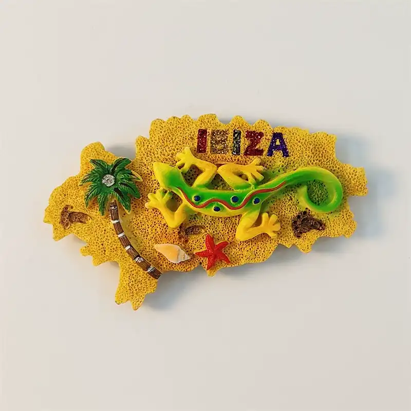 ibiza-island-map-lizard-fridge-magnet-front Spain Ibiza island map fridge magnet front view with 3D green gecko and palm