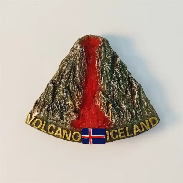 Iceland volcano fridge magnet front view with red lava flow and golden Iceland flag base