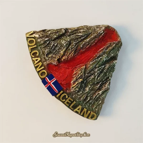 Angled view of Iceland volcano souvenir magnet showing textured 3D lava and rocky relief