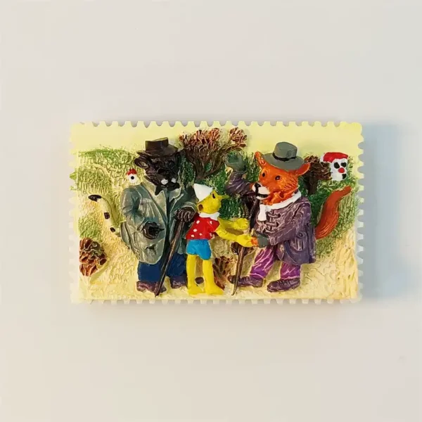 Italy Pinocchio fairytale fridge magnet front view with hand-painted Fox, Cat, Pinocchio and storybook figures on stamp-edge base