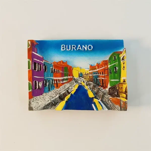 Italy Venice Burano colorful canal houses fridge magnet front view with embossed BURANO sign and rainbow painted townhouses
