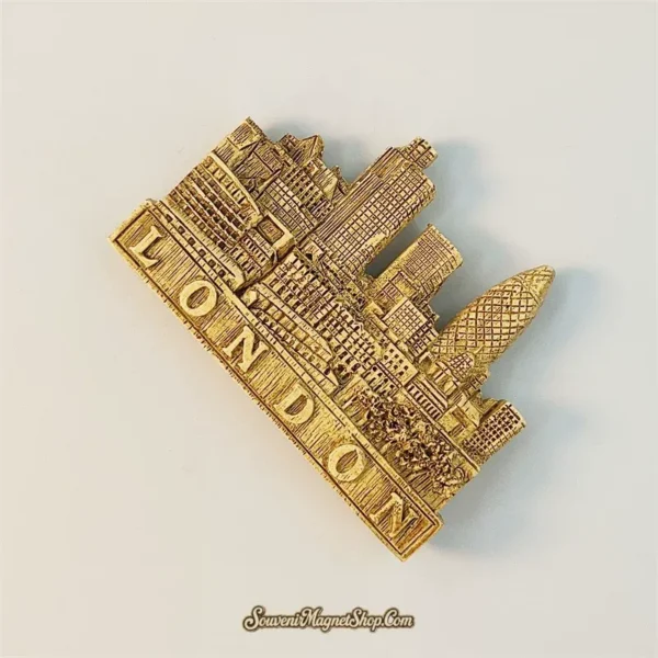 London souvenir fridge magnet top angle highlighting The Gherkin lattice pattern and 3D skyline depth