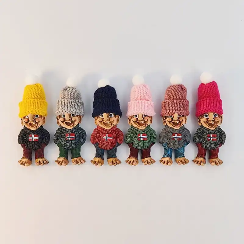 Norway long-nose troll fridge magnet lineup of six color variants in knit beanies and Norwegian flag sweaters