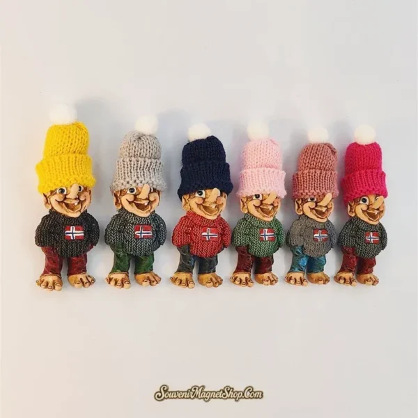 Norway souvenir magnet angled lineup of six troll variants showing 3D depth and pom-pom knit beanies
