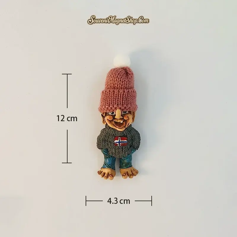 Norway troll fridge magnet size reference, dusty rose knit beanie variant, 12 cm by 4.3 cm