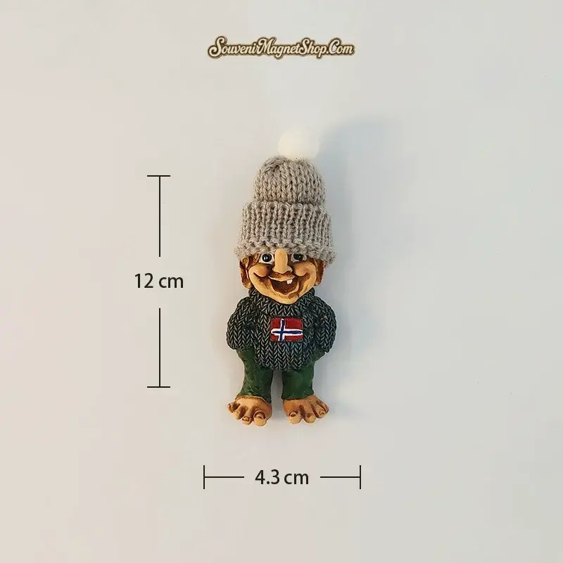 Norway troll fridge magnet size reference, gray knit beanie variant, 12 cm by 4.3 cm