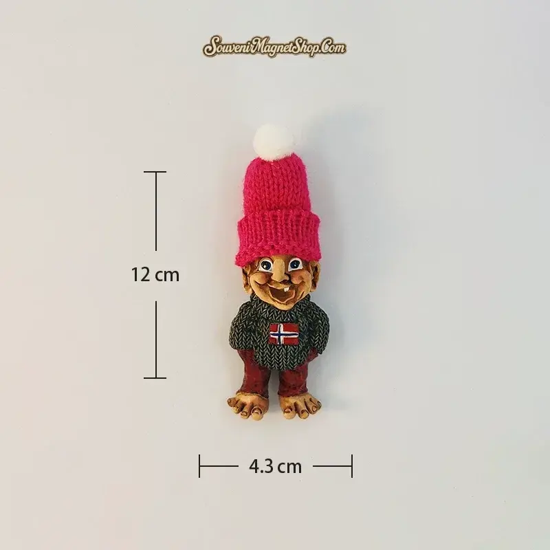 Norway troll fridge magnet size reference, hot pink knit beanie variant, 12 cm by 4.3 cm