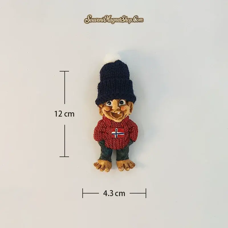 Norway troll fridge magnet size reference, navy knit beanie variant, 12 cm by 4.3 cm