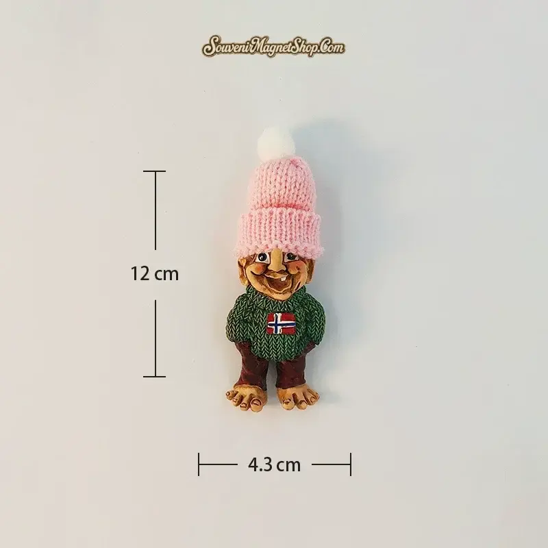 Norway troll fridge magnet size reference, pink knit beanie variant, 12 cm by 4.3 cm