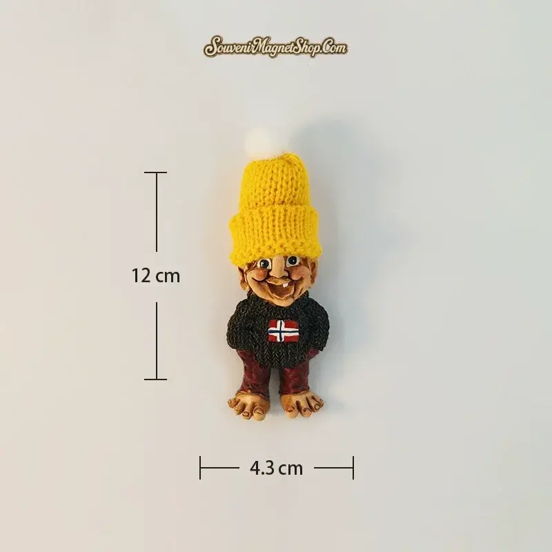 Norway troll fridge magnet size reference, yellow knit beanie variant, 12 cm by 4.3 cm