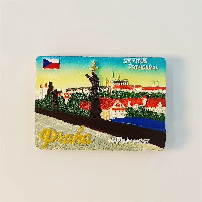 Prague Charles Bridge fridge magnet front view with St. Vitus Cathedral skyline, Saint statue, red rooftops and Czech flag