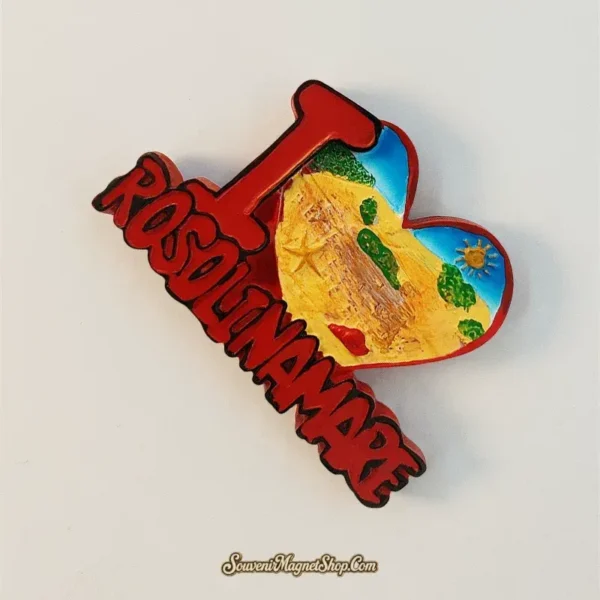 Angle view of Rosolina Mare souvenir fridge magnet showing raised 3D red lettering and painted beach landscape