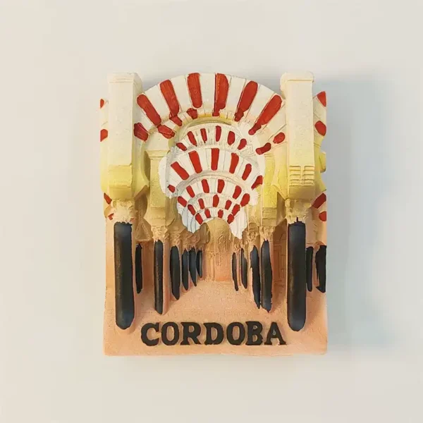 Spain Cordoba Mezquita fridge magnet front view with hand-painted red and white horseshoe arches, ivory columns and CORDOBA lettering