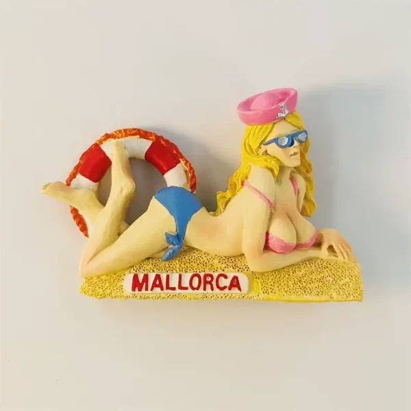 Spain Mallorca beach bikini girl fridge magnet front view with blonde sunbather, red life ring and red MALLORCA sand sign