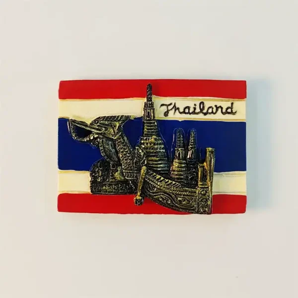 Front view of Thailand flag fridge magnet with 3D bronze Wat Arun, elephant and Royal Barge relief