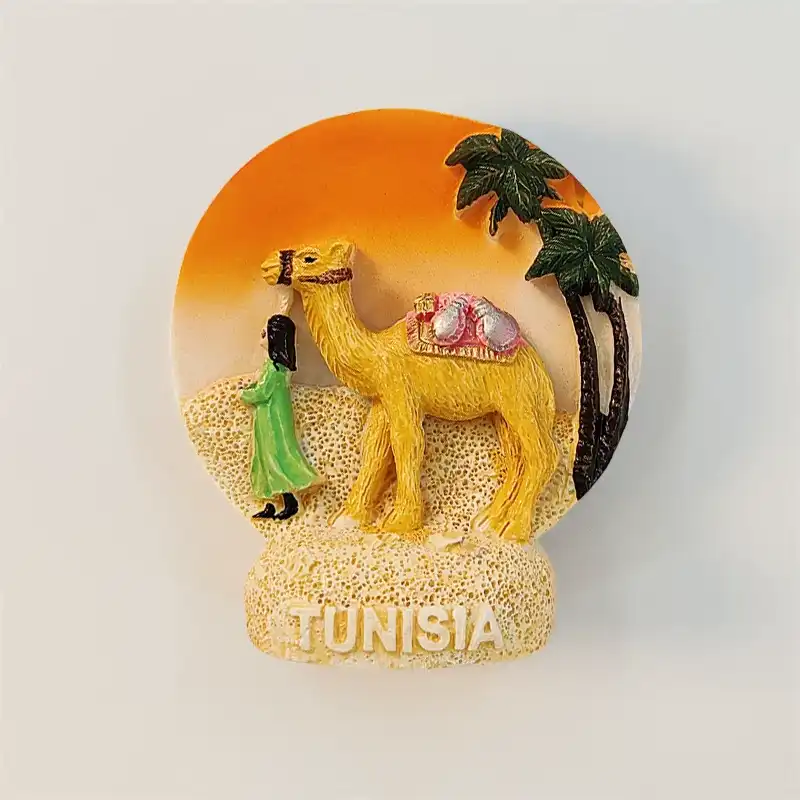 tunisia-sahara-camel-fridge-magnet-front Tunisia Sahara desert camel fridge magnet front view with Berber figure and palm tree