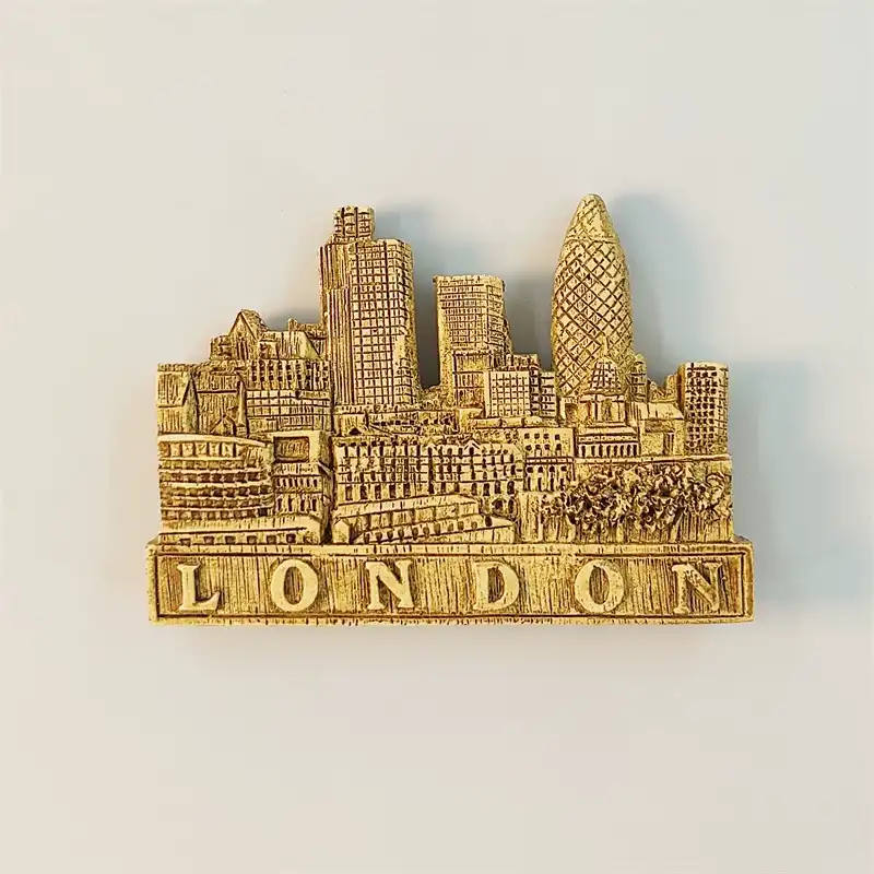 Vintage gold London City skyline fridge magnet front view with The Gherkin and LONDON banner