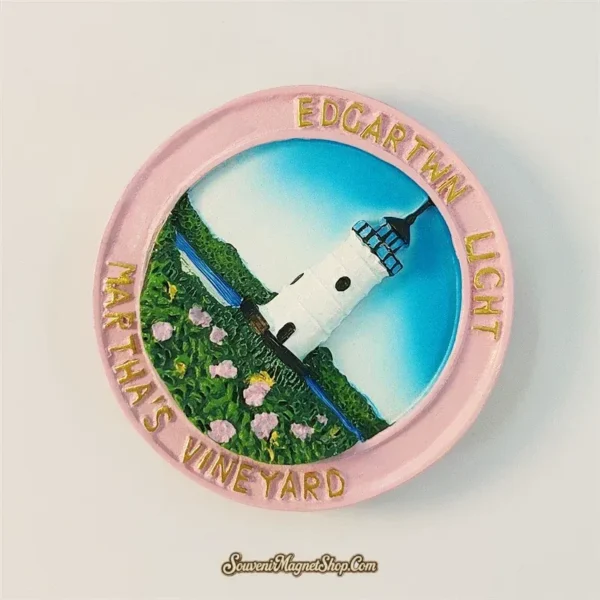 Edgartown Lighthouse souvenir magnet angled view highlighting 3D hand-painted white lighthouse, blue sky and Martha's Vineyard coastal scene