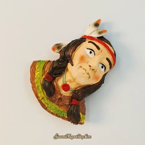 Angled view of USA Native American souvenir magnet showing 3D feathers and braided hair