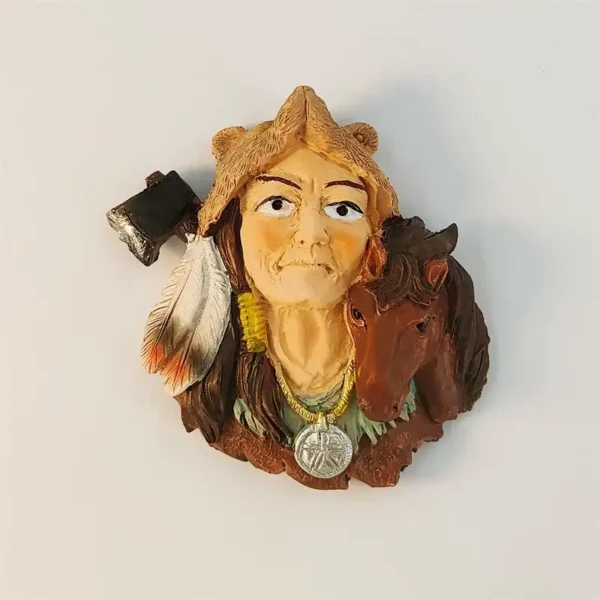 USA Native American warrior fridge magnet front view with tomahawk, feather, horse companion, and silver medallion