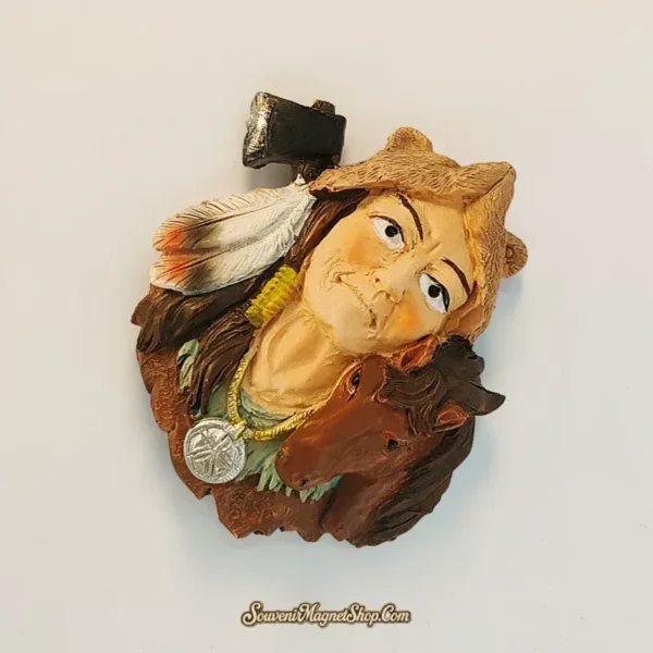 USA Native American souvenir magnet top-angled view showing 3D depth, animal headdress, and hand-painted detail