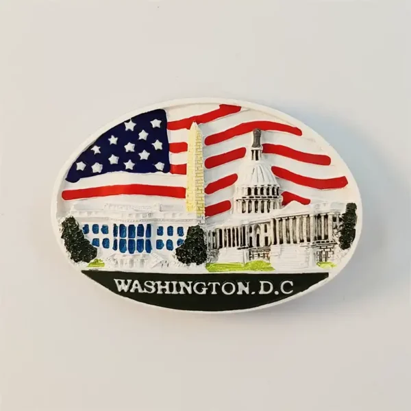 Washington DC fridge magnet front view featuring 3D White House, Washington Monument, US Capitol and American flag relief design