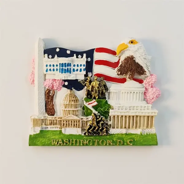 Washington DC landmarks fridge magnet front view with White House Capitol Lincoln Memorial bald eagle and cherry blossoms
