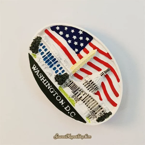 Washington DC souvenir magnet angled view showing hand-painted Capitol dome, Washington Monument and stars and stripes flag detail
