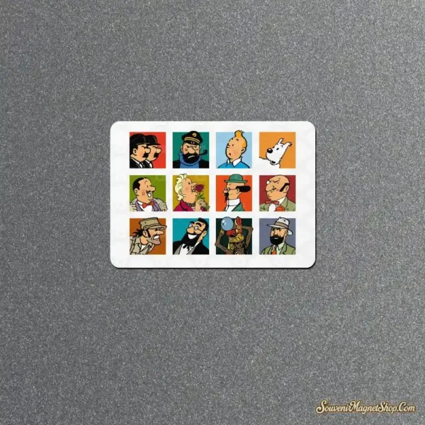 Adventures of Tintin fridge magnet with a grid of 12 Hergé character portraits in bright colored tiles