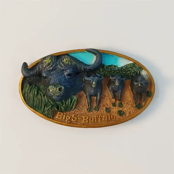 Africa Big Five buffalo fridge magnet with hand-painted buffalo herd and Big5-Buffalo text on gold oval
