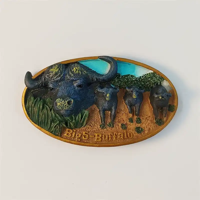africa-big-five-buffalo-fridge-magnet-front Africa Big Five buffalo fridge magnet with hand-painted buffalo herd and Big5-Buffalo text on gold oval