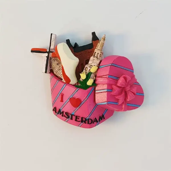 Amsterdam fridge magnet shaped as a pink heart gift box with windmill, clogs, tulips and canal houses