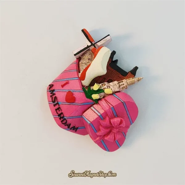 Angled view of the I love Amsterdam heart gift box magnet showing the windmill, tulips and bow lid